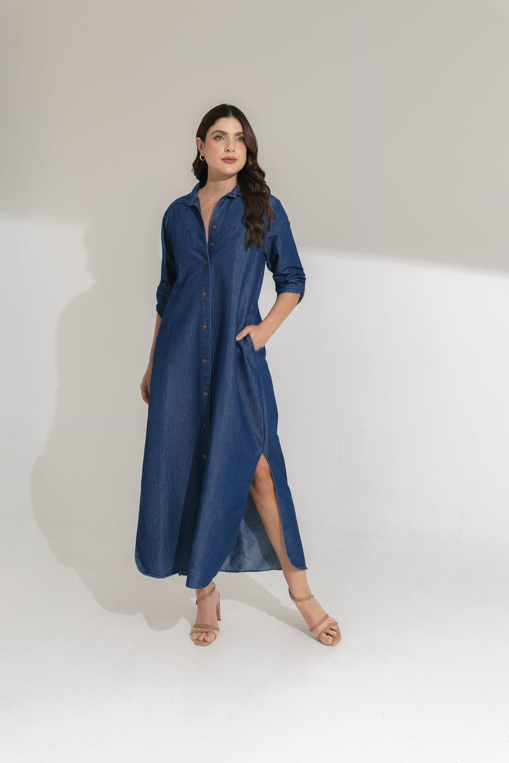 Vestido índigo 3/4 largo